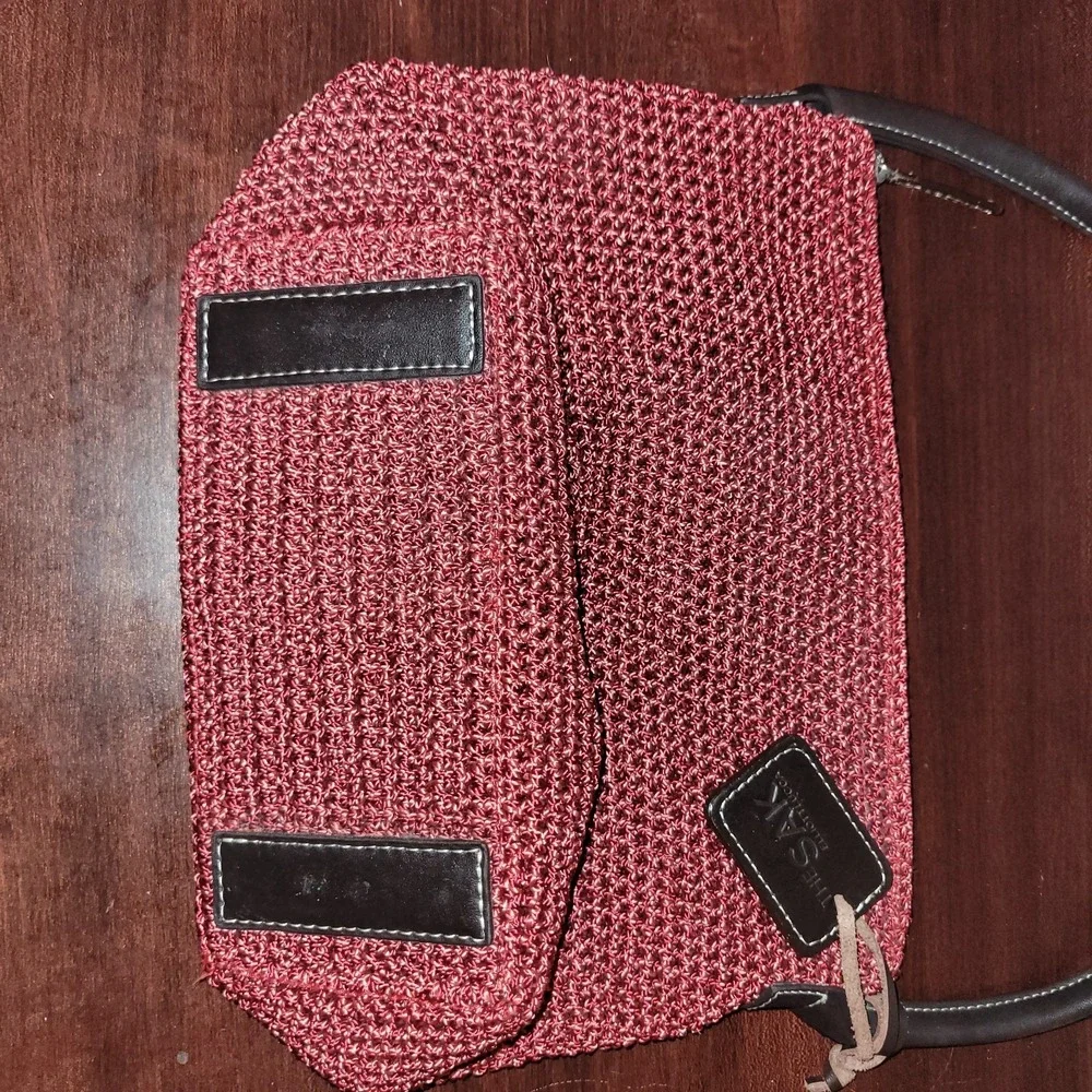The Sak Elliott Lucca-Womens Knit Purse Burgundy Shoulder Bag Leather Strap‎